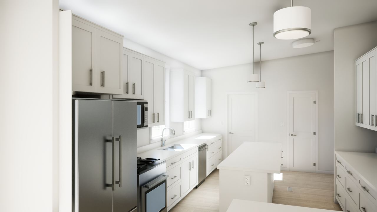 White kitchen cabinets, pale counters and wood-look flooring viewed from the dining area.