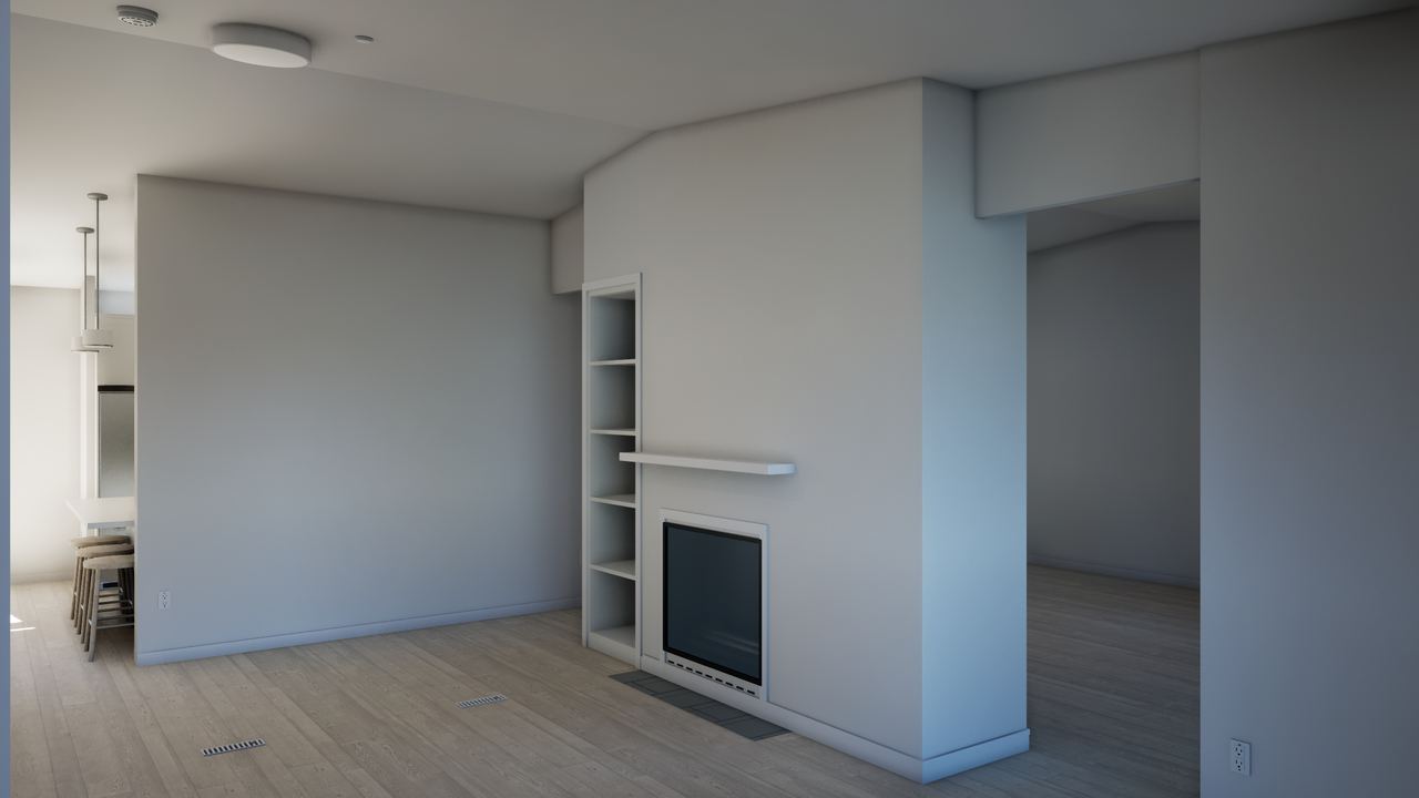 Living-room fireplace set into a wall with open shelves, beside the entry passage.