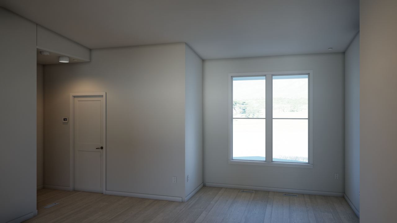 Unfurnished living room with a raised ceiling, a tall window and light wood-look flooring.