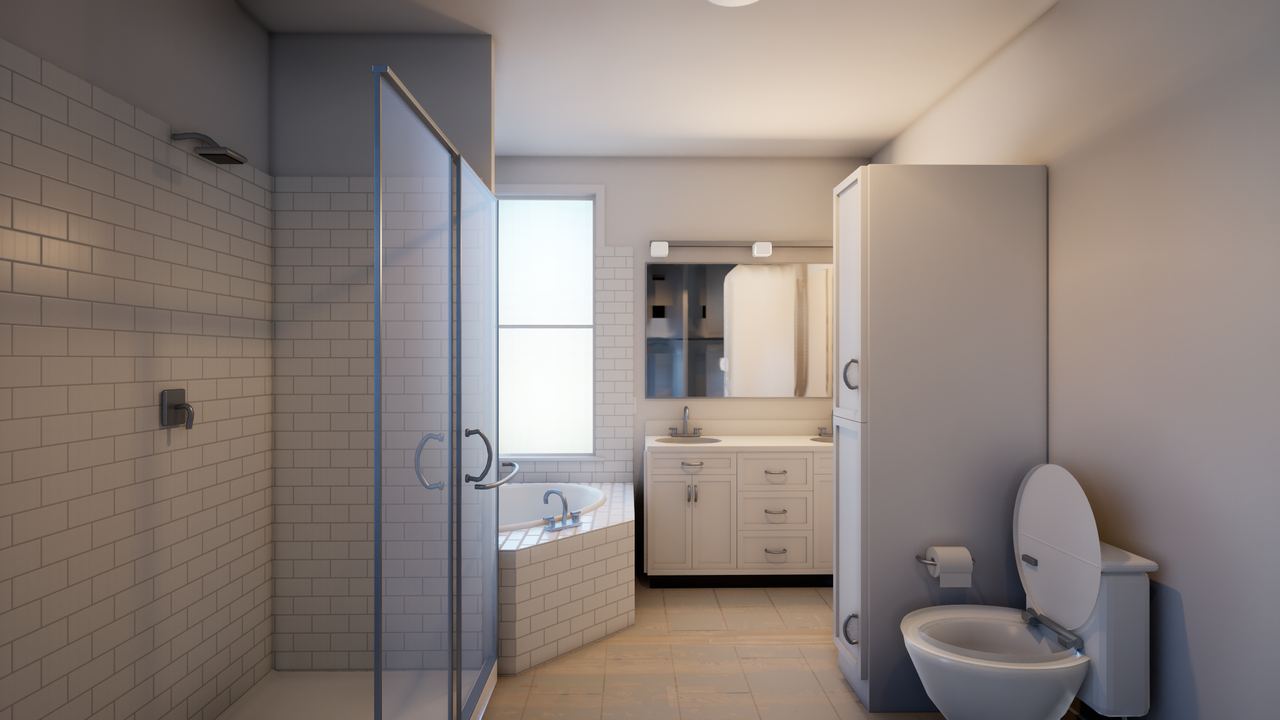 Primary bath with a tiled glass shower, tub and pale vanity visible beyond.