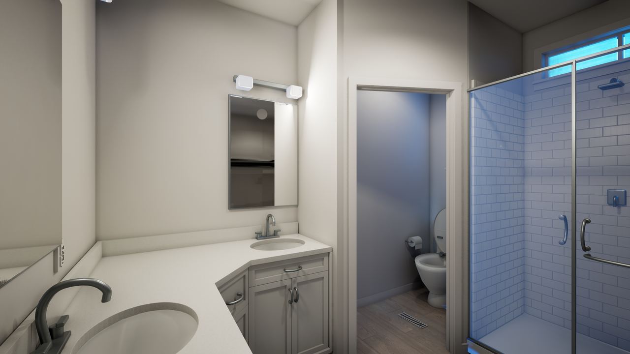 Light-colored bathroom vanity with an oval sink, wall mirror and tiled shower beside it.