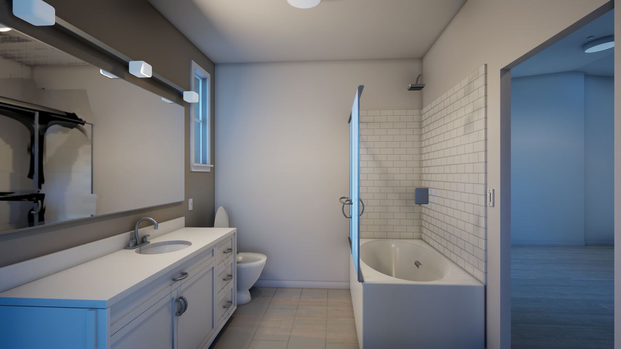 Hall bath with a long vanity, mirrored wall and glass shower with pale tile.