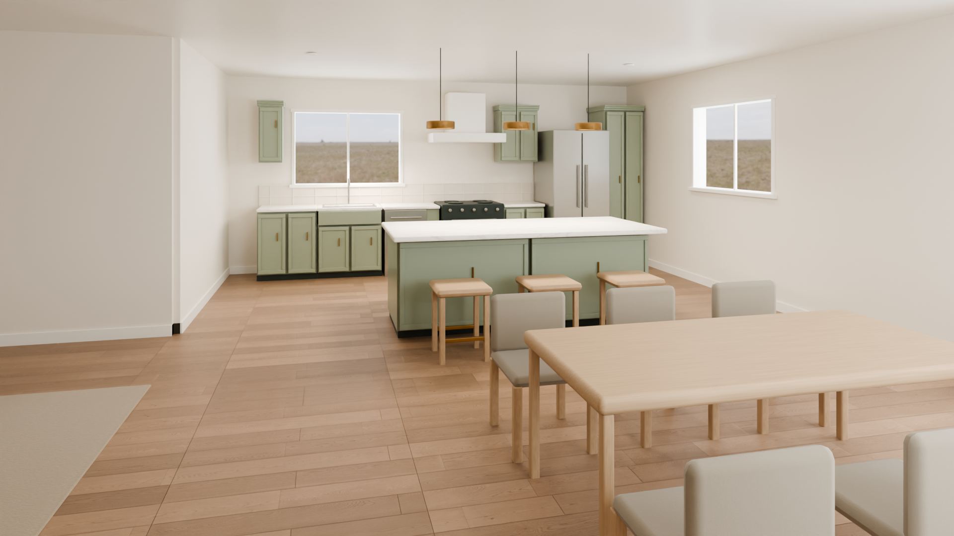 Entry, Warm Modern. An entry view into the connected kitchen and dining area, with oak-look flooring and neutral finishes.