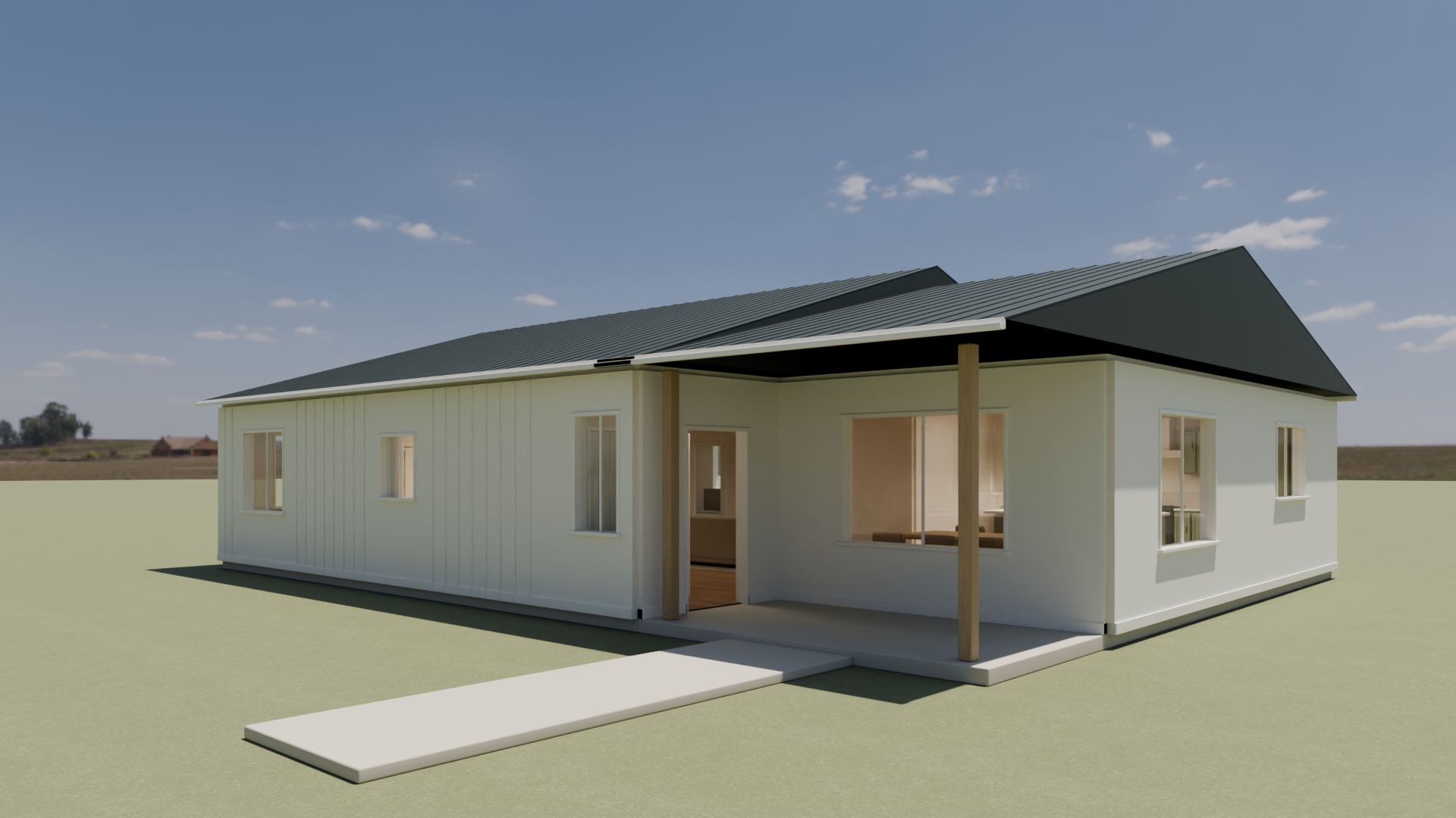 Front exterior, Warm Modern. The single-story sample home with a covered front approach, standing-seam roof and a simple, flat concept landscape.