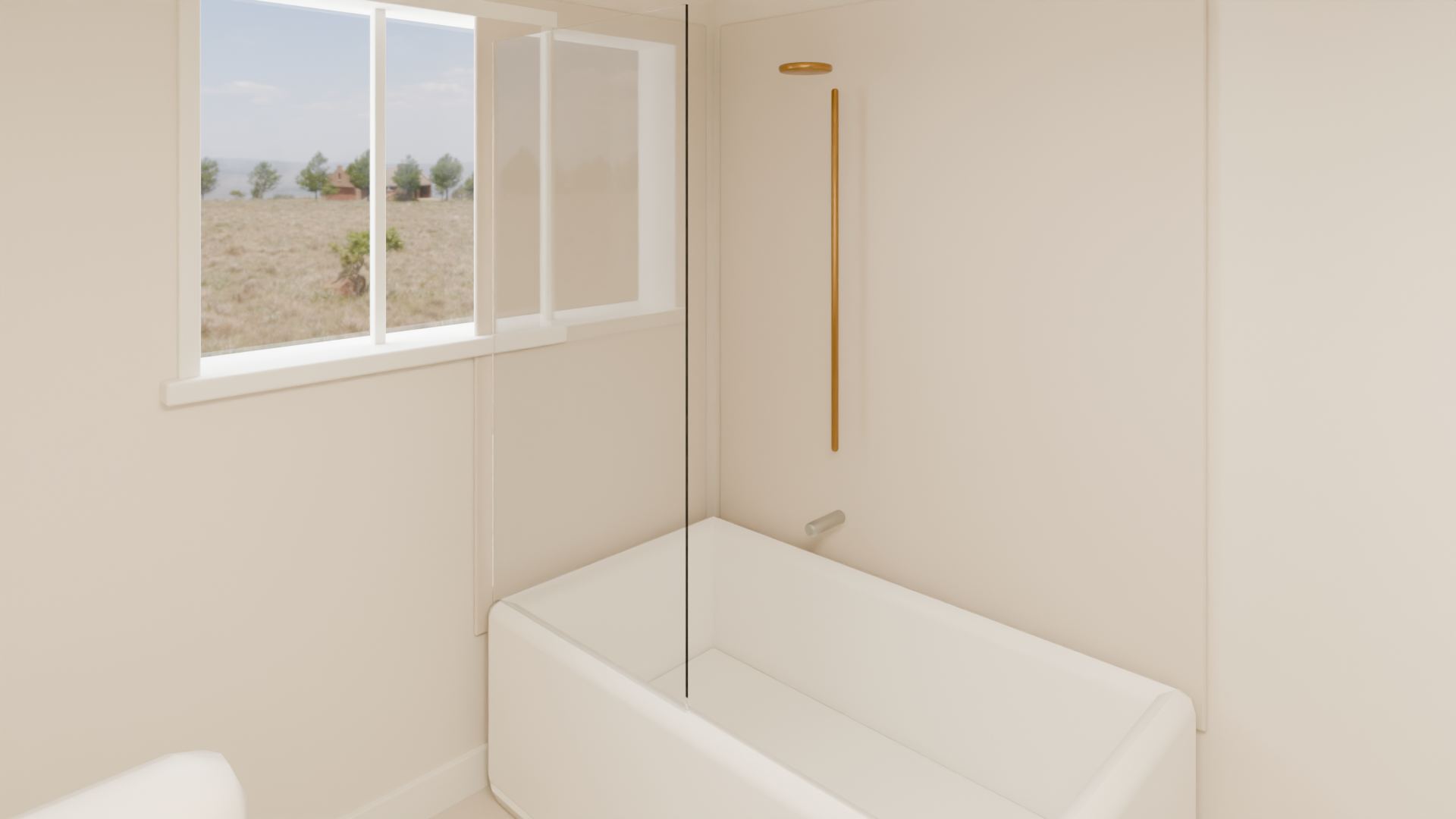 Hall bath, Warm Modern. A compact bath with a white tub, clear glass screen and warm shower fittings, with daylight through the window.