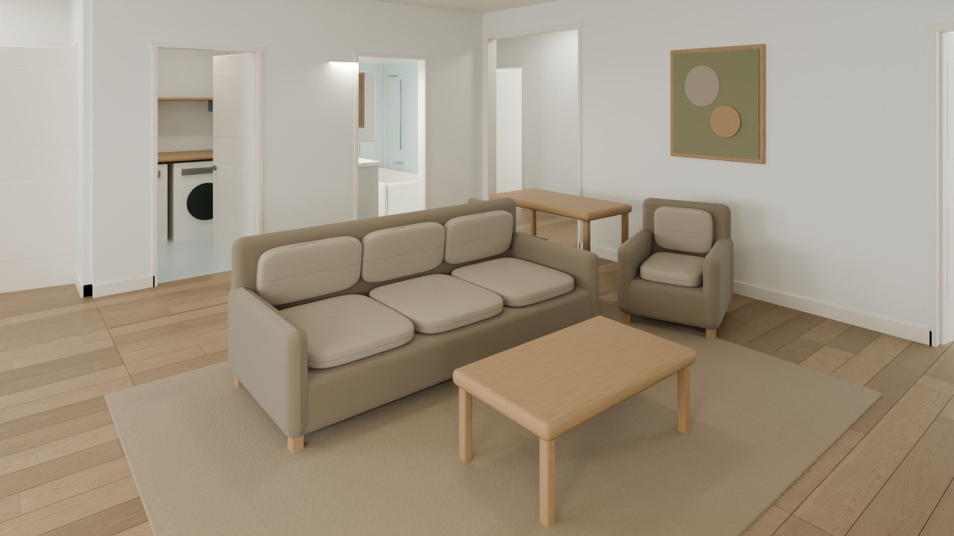 Living room, Coastal Light. Neutral upholstered seating on a textured rug, with oak-look flooring and a sightline toward the adjoining rooms. Pale cabinetry and cooler brushed-metal accents with light oak tones.