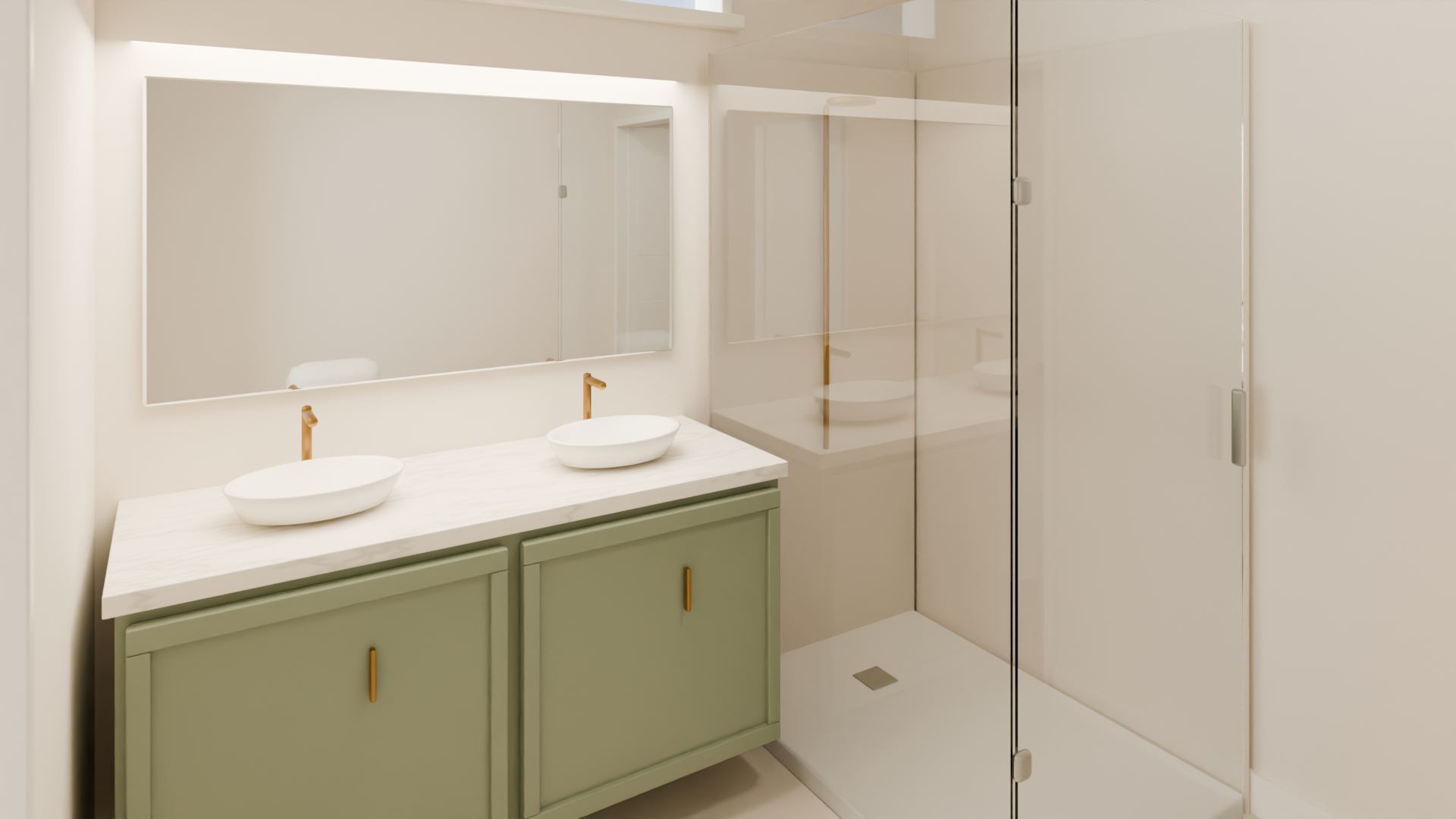 Primary bath, Warm Modern. A double vanity with light stone-look top, warm fittings and a glazed shower over stone-look tile.